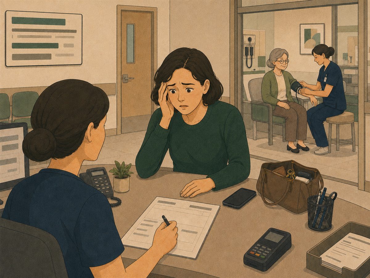 A daughter at a hospital admissions desk holds a hand to her temple, unable to answer the nurse's questions. Her phone sits on the desk and her handbag is open beside her, the form is still blank, and her mother is being looked after through the glass behind her.