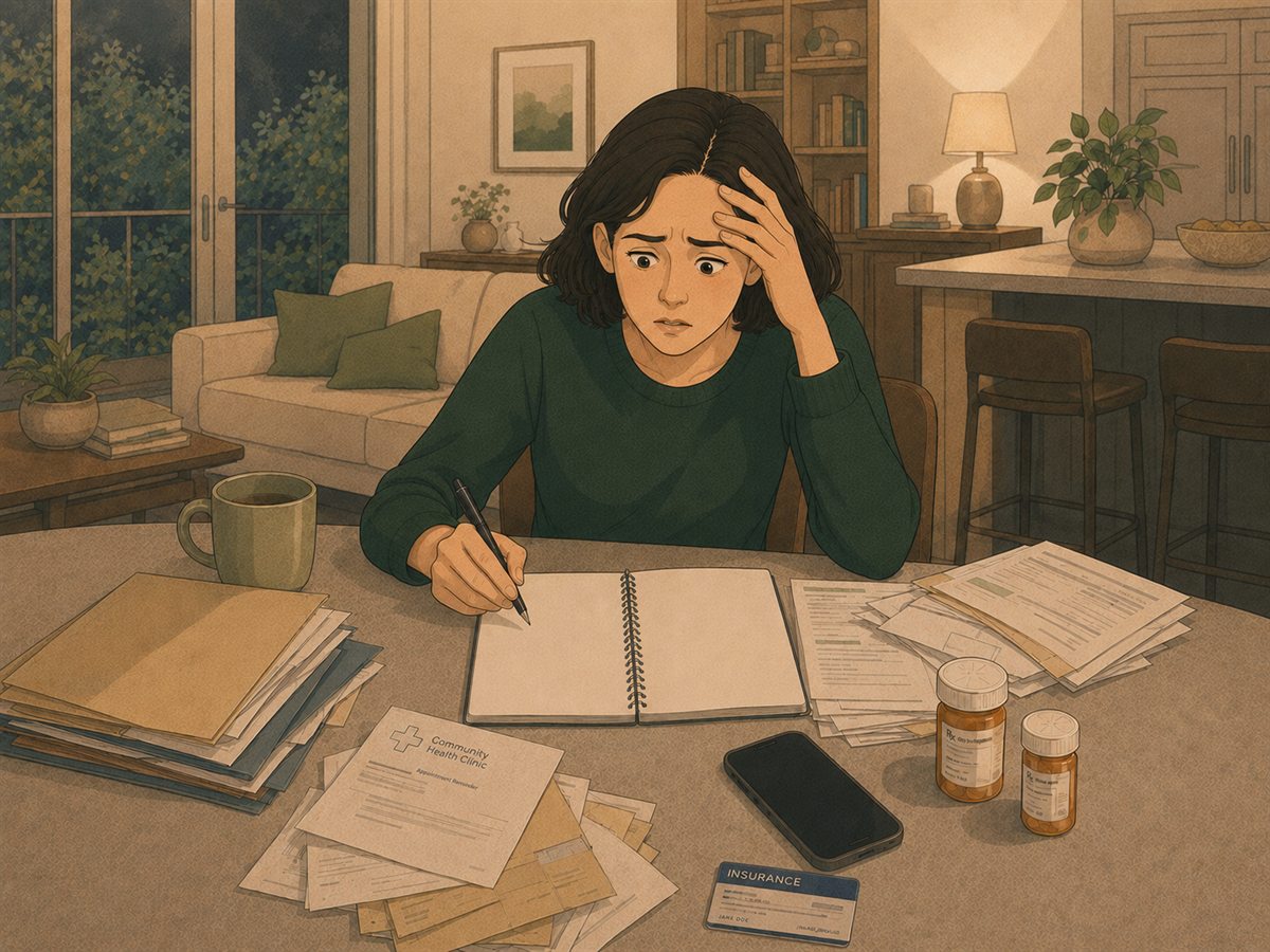 A woman sits at a table at night with an open blank notebook, pen in hand, surrounded by clinic letters, prescription bottles and an insurance card, one hand at her forehead.