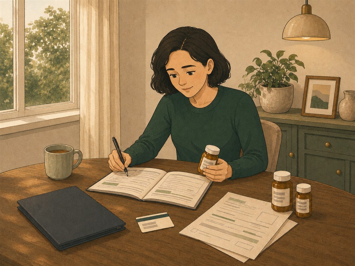 A woman sits at a kitchen table filling in the open kit, a pill bottle in one hand, with an insurance card and paperwork laid out beside her.