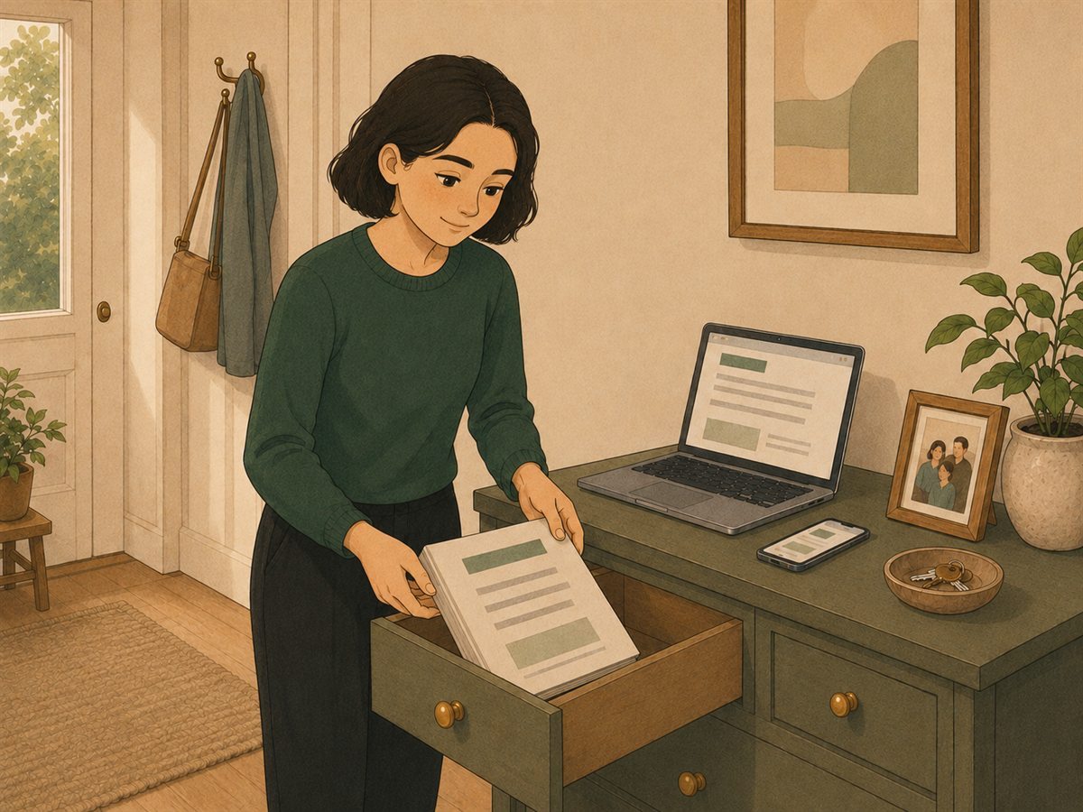 A woman slides the printed kit into a hallway drawer at home, with the same pages open on a laptop and phone on the surface behind her.