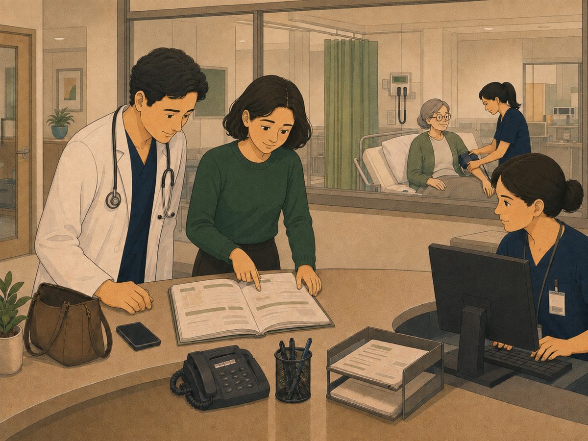 At a hospital desk, a woman points to a page in the open kit while a doctor reads along beside her and her mother is looked after through the glass behind them.