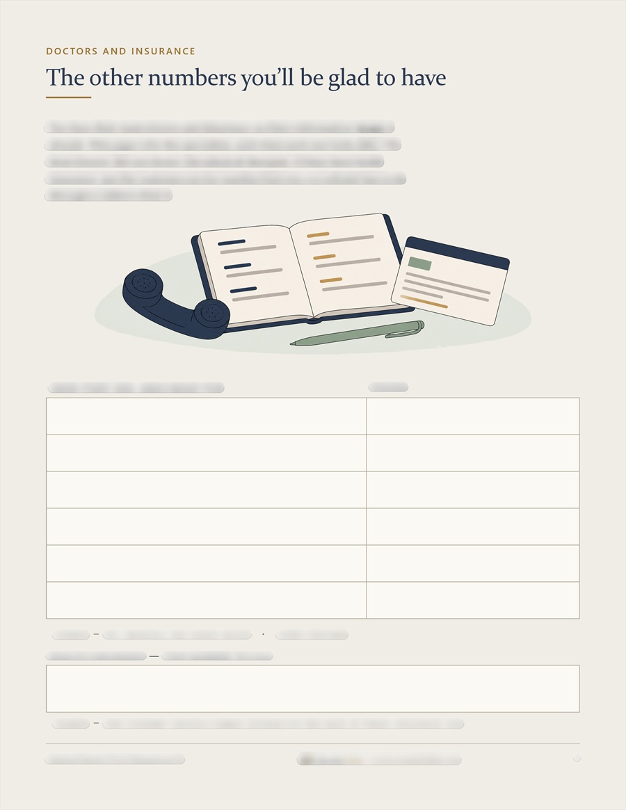The kit's doctors and insurance page, listing their doctors, pharmacy, and insurance numbers.
